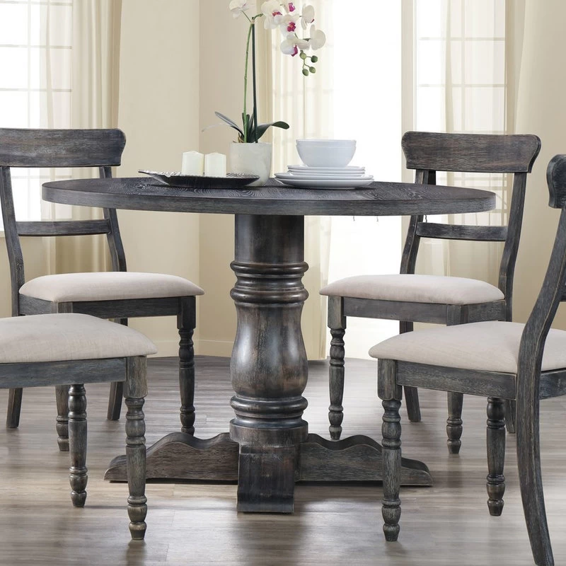 Wooden Round Dining Table With Heavy Pedestal Feet Weathered Gray- Saltoro - Image 2