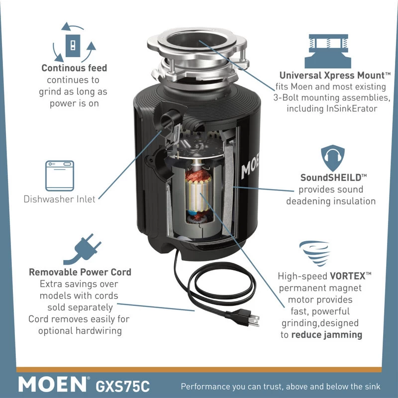 Moen GXS75C GX 3/4 HP Continuous Garbage Disposal - Stainless Steel - Image 3