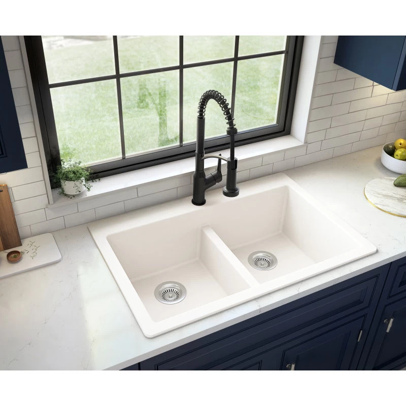 Karran 33" Top Mount Double Equal Bowl Quartz Kitchen Sink, White - Image 7