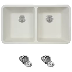 802 Double Equal Bowl Quartz Kitchen Sink, White, Basket Strainers