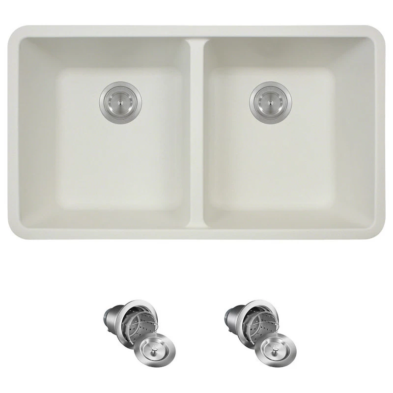 802 Double Equal Bowl Quartz Kitchen Sink, White, Basket Strainers