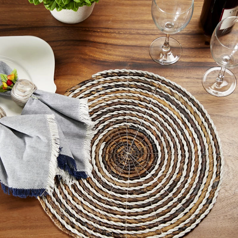 Striped White And Natural Banana Leaf Wicker Round Placemats, Set Of 4 - Image 2