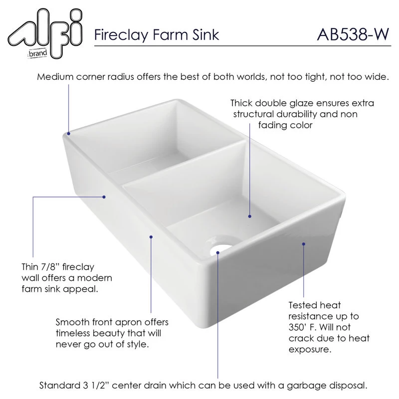 ALFI Brand White 32" Smooth Apron Double Bowl Fireclay Farmhouse Kitchen Sink - Image 6