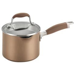 Bronze Hard-Anodized Nonstick 2-Quart Covered Straining Saucepan, Pour Spouts