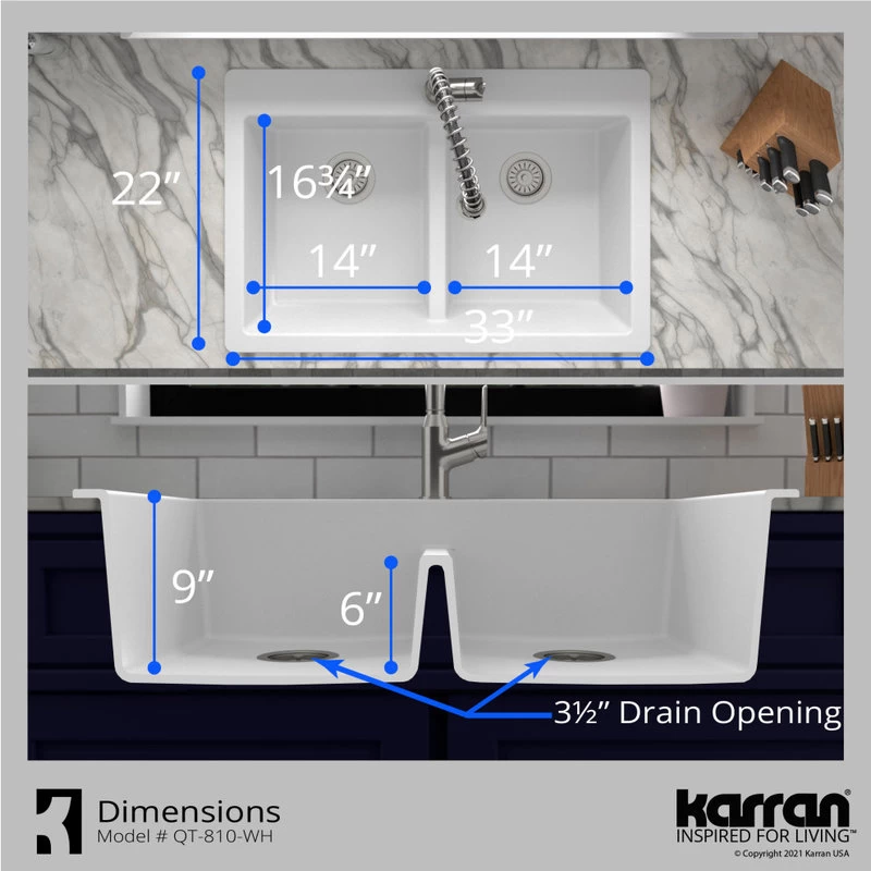 Karran 33" Top Mount Double Equal Bowl Quartz Kitchen Sink, White - Image 9