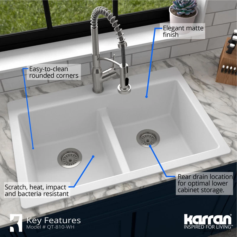 Karran 33" Top Mount Double Equal Bowl Quartz Kitchen Sink, White - Image 8