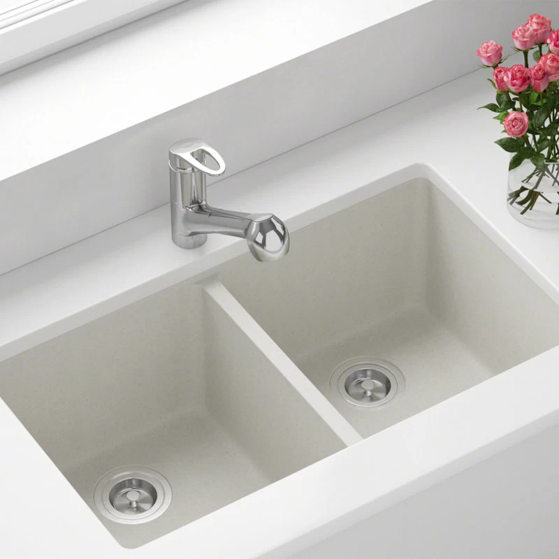 802 Double Equal Bowl Quartz Kitchen Sink, White, Basket Strainers - Image 2