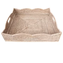 Artifacts Rattan Scallop Square Tray, Cutout Handles, White Wash, 20"x20"x4.5"