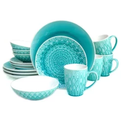 Euro Ceramica Peacock 16 Piece Crackle-glazed Dinnerware Set, Lagoon