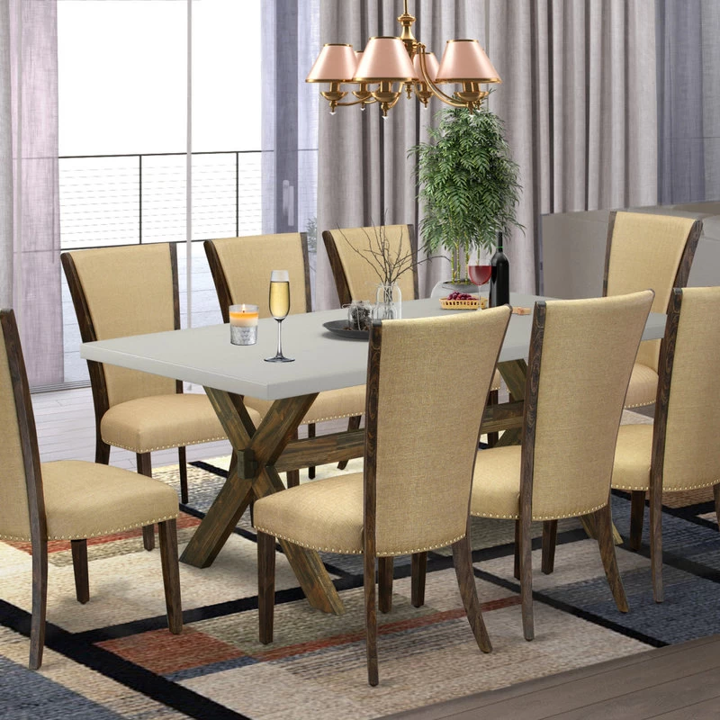 9-Piece Set, Table And 8 Chairs With Brown, Linen Fabric, Medium Size Table - Image 2