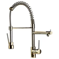 Single Hole Pull Out Spring Sprayer Dual Spout Kitchen Faucet Brass In Gold