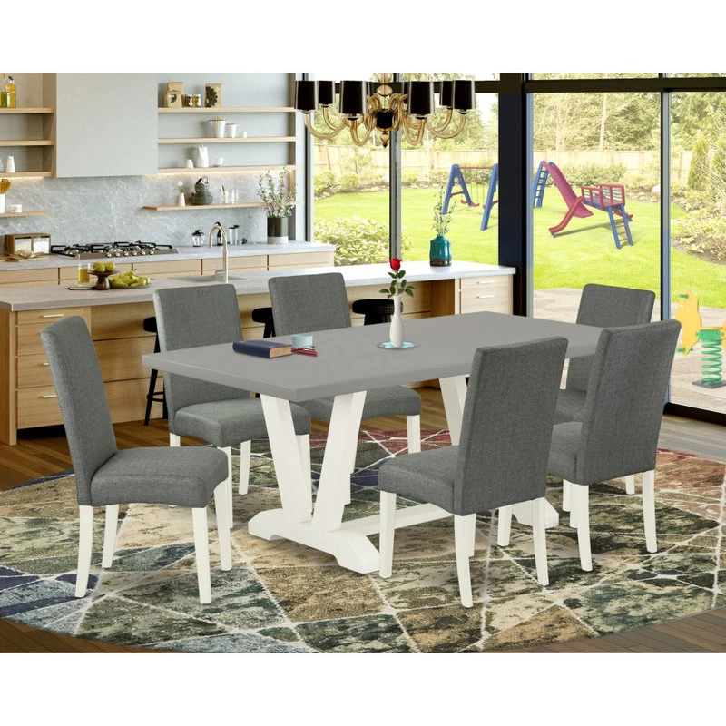 V097Dr207-7, 7-Piece Dinette Set, 6 Chairs And Table, Linen White - Image 5