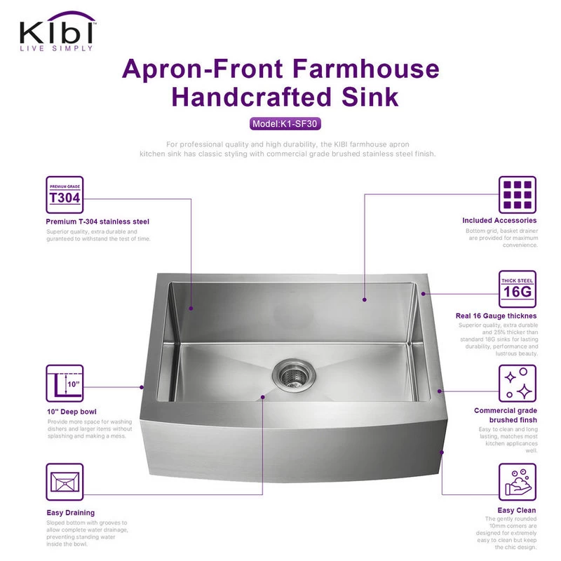 KIBI Handcrafted Farmhouse Apron Single Bowl Stainless Steel Kitchen Sink, 30" - Image 2