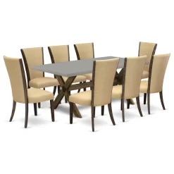 9-Piece Set, Table And 8 Chairs With Brown, Linen Fabric, Medium Size Table