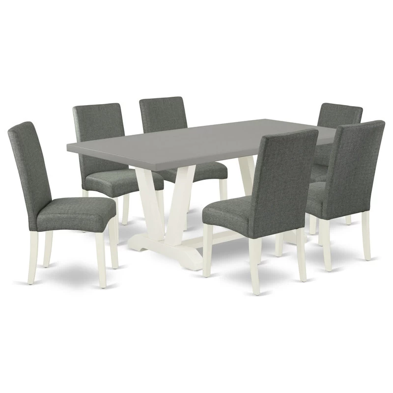 V097Dr207-7, 7-Piece Dinette Set, 6 Chairs And Table, Linen White