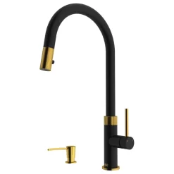 VIGO Bristol Pull-Down Kitchen Faucet With Soap Dispenser, Matte Brushed Gold/Ma