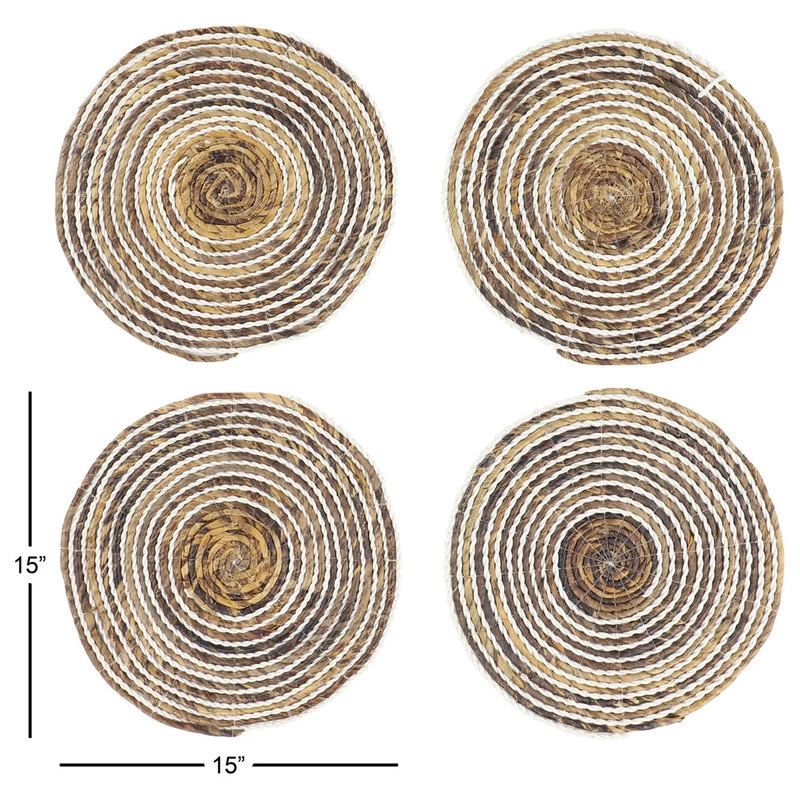 Striped White And Natural Banana Leaf Wicker Round Placemats, Set Of 4 - Image 4