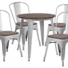 26" Round Silver Metal Table Set With Wood Top And 4 Stack Chairs