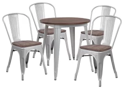 26" Round Silver Metal Table Set With Wood Top And 4 Stack Chairs
