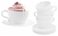 Cupcake Tea Set - 4 Silicone Cupcake Pans With Saucers